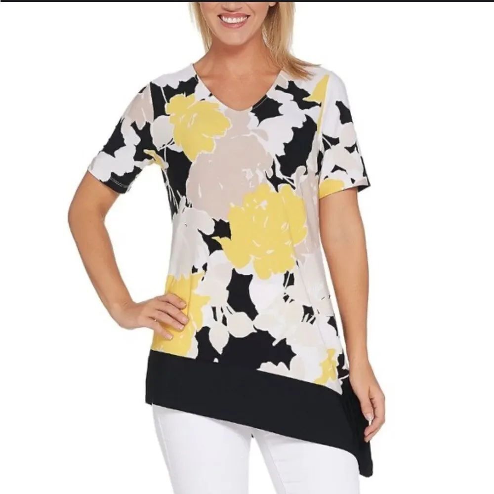 Susan Graver Women's Liquid Knit Floral Asymmetrical Tunic - Black and Yellow